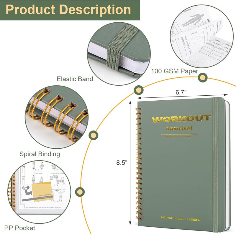 Guirnd Undated Fitness Workout Journal for Men & Women, A5(8.5" x 6.7") Fitness Journal Workout Planner, Workout Log Book Planner for Tracking, Motivating, and Achieving Your Fitness Goals - Green - Image 2